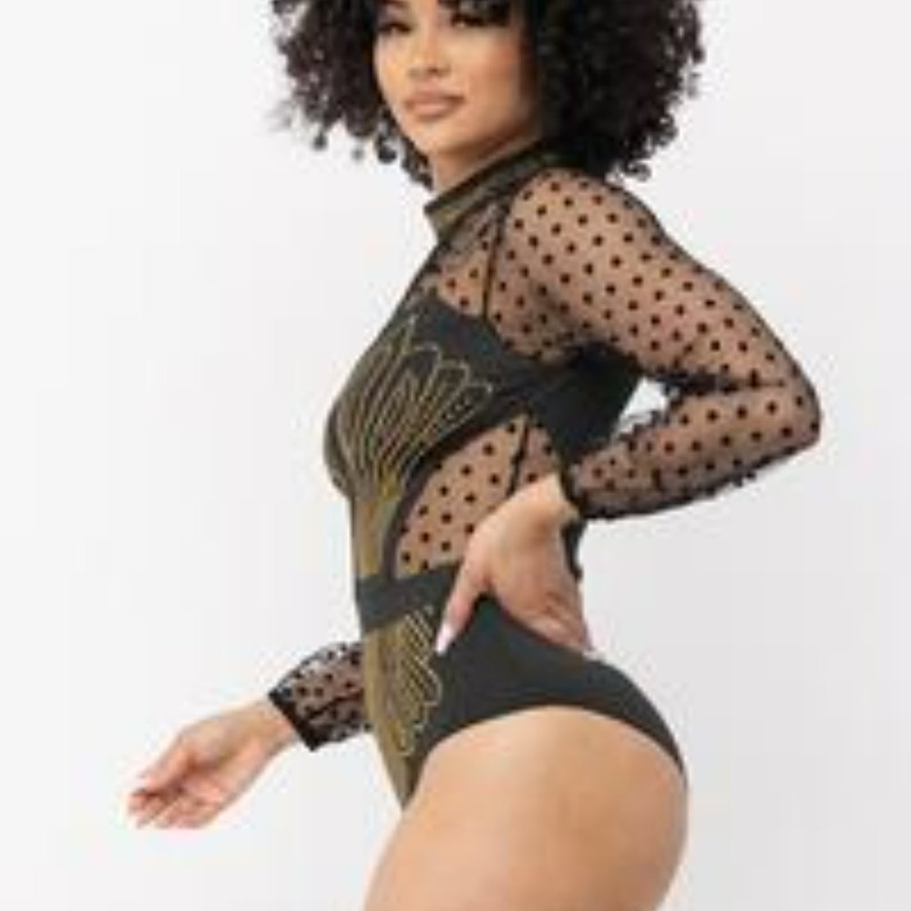 Black Gold Studded Bodysuit Corset Silhouette over Delicate Swiss Dot S/M/L/XL - Picture 6 of 10